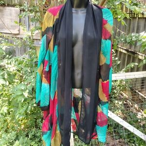 Vintage Leaf Print Multicolor Kimono Cardigan